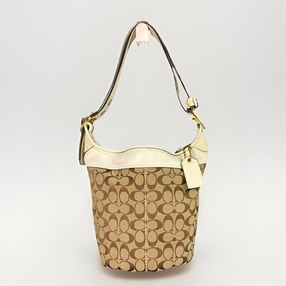 Coach 11437 Bleecker Bucket Bag Beige Canvas & White Leather Trim Purse - Picture 1 of 12